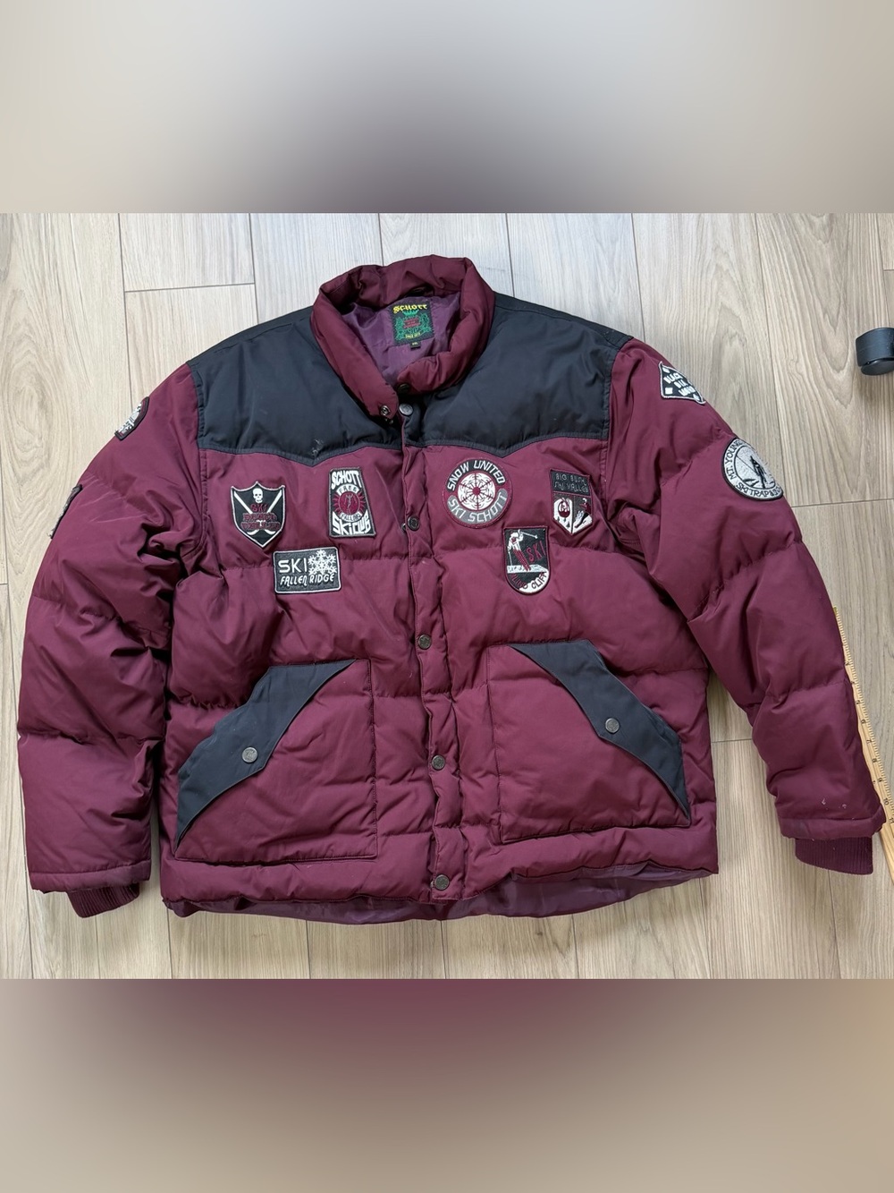 VINTAGE Schott NYC Maroon Ski Patch Puffer Jacket Down Filled Sz 3XL